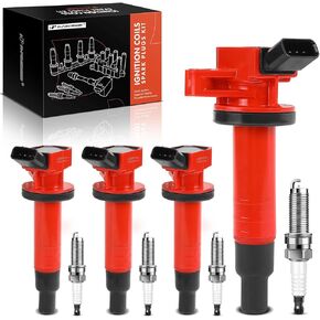 A-Premium (Red) Set of 8 Ignition Coil Pack and Iridium Spark Plugs Compatible with Toyota Corolla 1999-2008, Matrix 2003-2008, Celica MR2 2000-2005 & Chevrolet Prizm 1999-2002 & Pontiac Vibe