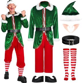 7 Pack Christmas Elf Costume Set Adult Elf Costume Suit Holiday Halloween Christmas Cosplay Set for Role Play (Man Style, X-Large)