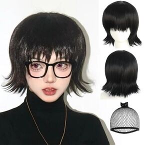 Shizuku Cosplay Wig Short Black Cosplay Wig with Bangs Short Wavy Wig for Women Adult Funny Wig Synthetic Wig for Anime Halloween Costume Party Outfit+ Wig Cap