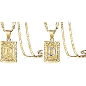 KissYan Initial Letter Pendant Necklace for Men Womens (Gold D + Hollow White D), 14K Gold Plated Square Capital Monogram Necklace Alhpabets from A-Z Figaro Chain Necklace