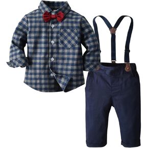 Baby Boy Formal Gentleman Dress Suit Button Down Romper Shirt Suspender Pants With Bowtie Set Christmas Wedding Clothes