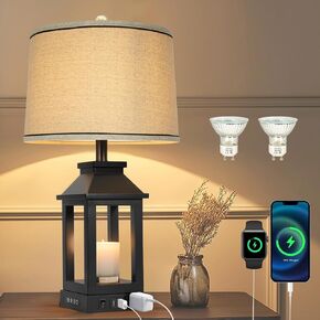 Table Lamps for Living Room with Candle Warmer Lamp, Black Lamp with USB Port and Outlet, 24.6 in Farmhouse Table Lamp, 1Pack Bedroom Lamps for Nightstand, Table Lamp for Bedroom, Bedside