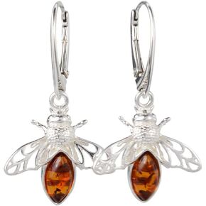 Amber Jewelry for Women - Sterling Silver and Baltic Honey Amber Bumble Bee Earrings, French Leverback Dangle Earrings, Statement Gemstone Earrings