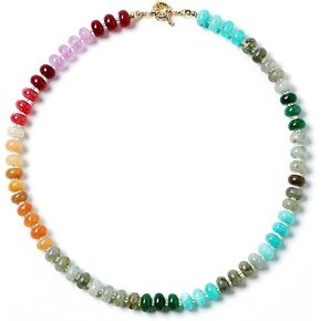 Bead Gemstone Choker Necklace for Women,Colorful Natural Stone Beaded Statement Boho Beach Necklace Jewelry for Women,14k Gold Plated Rainbow Stone Charm Trendy Necklaces