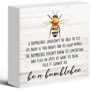 Inspirational Be a Bumblebee Wood Box Sign Desk Decor, Spring Watercolor Farmhouse Bee Wooden Block Sign Decorations for Home Bedroom Living Room Wall Tabletop Shelf Decor