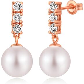 925 Sterling Silver Pearl Stud Earrings with Pearl 10MM, 3 Diamond Cubic Zirconia Pearl Diamond Earring Pearl Jewelry for Women