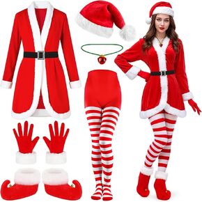 7 Pcs Santa Claus Costume for Women, Mrs Claus Dress with Gloves Belt Santa Hat Elf Shoes Bell Necklace Pantyhose Accessory Set for Adults, Xmas Party Favor Costume Supplies Christmas Cosplay Outfit