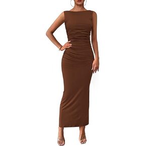 PRETTYGARDEN Women's 2025 Summer Semi Formal Midi Dresses Sleeveless Ruched Bodycon Slit Long Elegant Cocktail Party Dress
