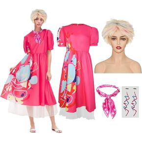 Weird Doll Costume Dress 4PCS Pink Doll Costume Adult Women with Wig Scarf and Pattern stickers for Halloween Cosplay