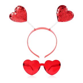 Heart Headband & Heart Sunglasses Frameless, Cupid Headband Valentines Day Accessories for Women Sequined Headband Transparent Rimless Heart Shaped Sunglasses for Valentine's Day (Red)