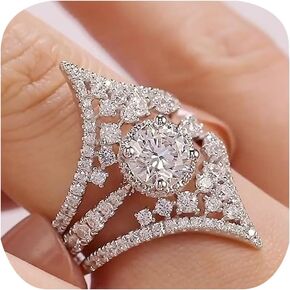 Round Shape Gemstone Cubic Zirconia Wedding Halo Bands for Women CZ V Shape Curved Engagement 925 Sterling Silver Stackable Eternity Bridal Simulated Diamond Anniversary Statement Rings Size 7
