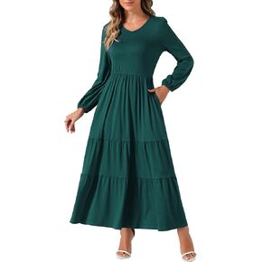 Allegra K Tiered A-Line Dresses for Women's Crewneck Long Sleeve Midi Casual Dress with Pockets