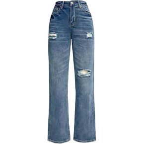 Womens High Waisted Ripped Jeans Baggy Straight Wide Leg Denim Pants Distressed Trousers with Pockets