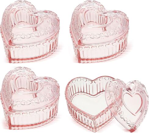 4 Pcs Crystal Glass Heart Shaped Storage Box Glass Jewelry Box Embossed Vintage Jewelry Box for Ring Earring Trinkets Women Gift, 3.74''L x 3.54''W x 2.36''H (Red) in Kuwait