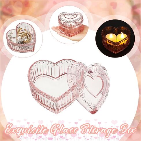 4 Pcs Crystal Glass Heart Shaped Storage Box Glass Jewelry Box Embossed Vintage Jewelry Box for Ring Earring Trinkets Women Gift, 3.74''L x 3.54''W x 2.36''H (Red) in Kuwait