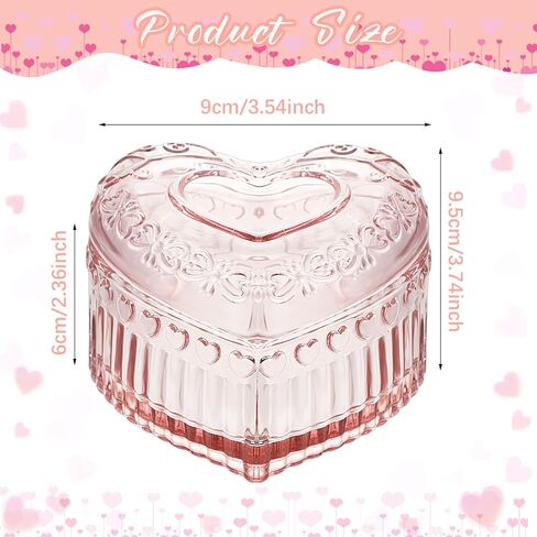 4 Pcs Crystal Glass Heart Shaped Storage Box Glass Jewelry Box Embossed Vintage Jewelry Box for Ring Earring Trinkets Women Gift, 3.74''L x 3.54''W x 2.36''H (Red) in Kuwait