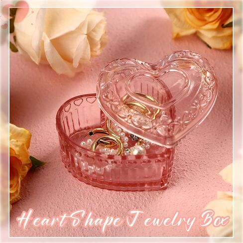 4 Pcs Crystal Glass Heart Shaped Storage Box Glass Jewelry Box Embossed Vintage Jewelry Box for Ring Earring Trinkets Women Gift, 3.74''L x 3.54''W x 2.36''H (Red) in Kuwait