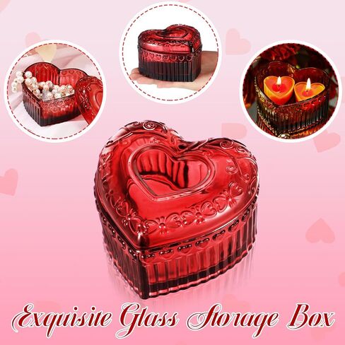 4 Pcs Crystal Glass Heart Shaped Storage Box Glass Jewelry Box Embossed Vintage Jewelry Box for Ring Earring Trinkets Women Gift, 3.74''L x 3.54''W x 2.36''H (Red) in Kuwait