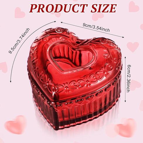 4 Pcs Crystal Glass Heart Shaped Storage Box Glass Jewelry Box Embossed Vintage Jewelry Box for Ring Earring Trinkets Women Gift, 3.74''L x 3.54''W x 2.36''H (Red) in Kuwait