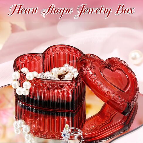 4 Pcs Crystal Glass Heart Shaped Storage Box Glass Jewelry Box Embossed Vintage Jewelry Box for Ring Earring Trinkets Women Gift, 3.74''L x 3.54''W x 2.36''H (Red) in Kuwait