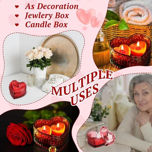 4 Pcs Crystal Glass Heart Shaped Storage Box Glass Jewelry Box Embossed Vintage Jewelry Box for Ring Earring Trinkets Women Gift, 3.74''L x 3.54''W x 2.36''H (Red) in Kuwait
