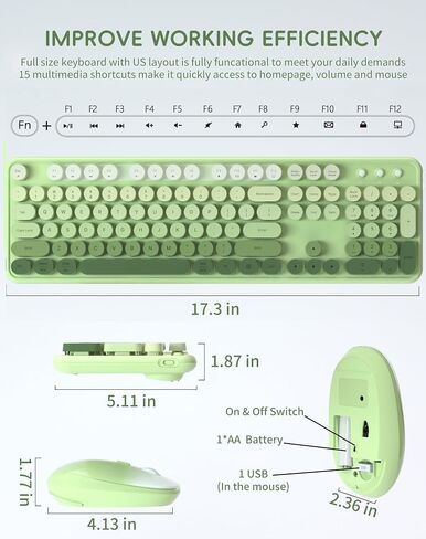 Wireless Keyboard Mouse Combo - 2.4Ghz Cute Colorful Keyboard and Mouse Wireless - 104 Keys Full Size Retro Typewriter Keyboard for Laptop, Computer, PC, Notebook, Windows, Mac OS Pastel Pink in Saudi Arabia