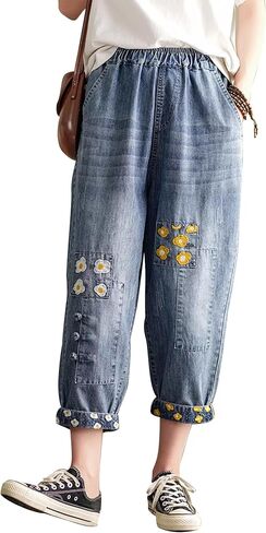 Women's Casual Floral Embroidered Jeans Elastic Waist Patch Denim Joggers Stretch Pants in Saudi Arabia