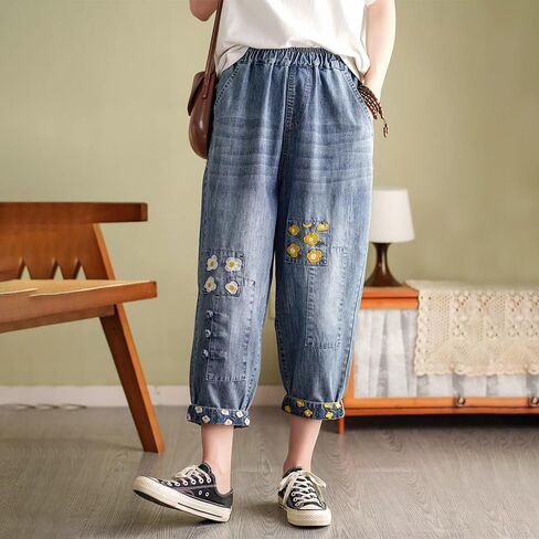 Women's Casual Floral Embroidered Jeans Elastic Waist Patch Denim Joggers Stretch Pants in Saudi Arabia