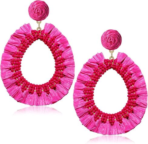 Beaded Dangle Earrings Raffia Earrings for Women Boho Statement Teardrop Beaded Tassel Earrings Handmade Geometric Earring Summer Beach Jewelry Gifts in Saudi Arabia