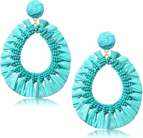 Beaded Dangle Earrings Raffia Earrings for Women Boho Statement Teardrop Beaded Tassel Earrings Handmade Geometric Earring Summer Beach Jewelry Gifts in Saudi Arabia