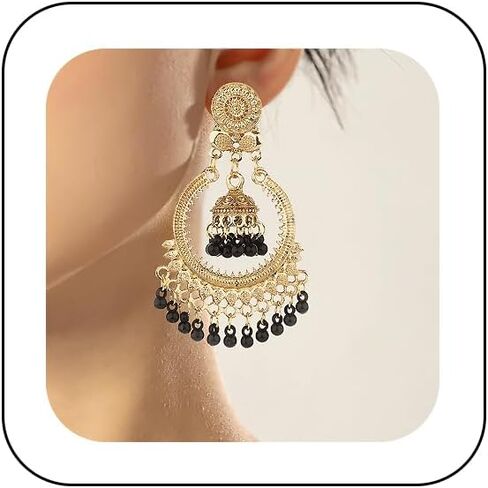 Boho Indian Bell Dangle Drop Studs Earrings for Women Vintage Ethnic Chandelier Teardrop Hollow Earrings Traditional Earring Jewelry Statement in Kuwait
