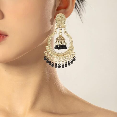 Boho Indian Bell Dangle Drop Studs Earrings for Women Vintage Ethnic Chandelier Teardrop Hollow Earrings Traditional Earring Jewelry Statement in Kuwait