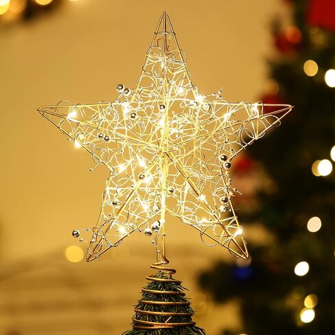 Lewondr Christmas Tree Topper, Metal Frame Tree Topper Crown with 50 Warm Light Beads, Remote & USB Operated 6H Timer Tree Topper with Lights, Xmas Tree Decor for Holiday Home Decoration, Silver in Kuwait
