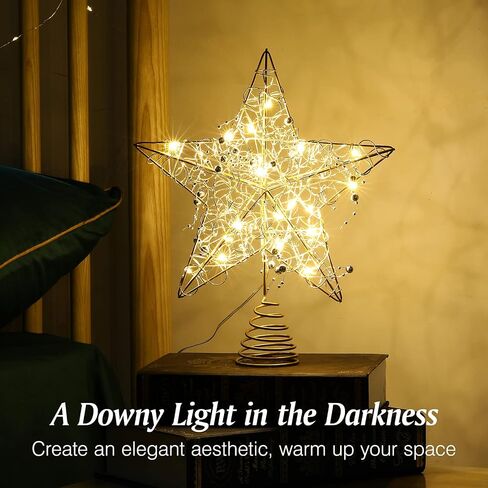 Lewondr Christmas Tree Topper, Metal Frame Tree Topper Crown with 50 Warm Light Beads, Remote & USB Operated 6H Timer Tree Topper with Lights, Xmas Tree Decor for Holiday Home Decoration, Silver in Kuwait