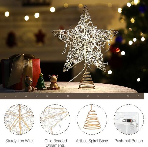 Lewondr Christmas Tree Topper, Metal Frame Tree Topper Crown with 50 Warm Light Beads, Remote & USB Operated 6H Timer Tree Topper with Lights, Xmas Tree Decor for Holiday Home Decoration, Silver in Kuwait