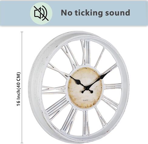 Vintage Style 16'' Wall Clock with Roman Numerals - Modern Timepiece Battery Powered for Home - Classicl Silent Non-Ticking Clocks for Living Room - Bedroom - Kitchen Wall Clock (White) in Saudi Arabia