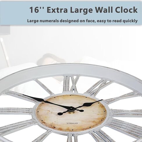 Vintage Style 16'' Wall Clock with Roman Numerals - Modern Timepiece Battery Powered for Home - Classicl Silent Non-Ticking Clocks for Living Room - Bedroom - Kitchen Wall Clock (White) in Saudi Arabia