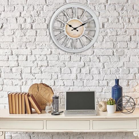 Vintage Style 16'' Wall Clock with Roman Numerals - Modern Timepiece Battery Powered for Home - Classicl Silent Non-Ticking Clocks for Living Room - Bedroom - Kitchen Wall Clock (White) in Saudi Arabia