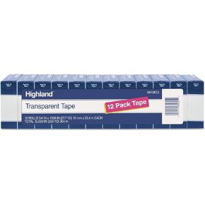 Highland Transparent Tape, 3/4" x 1000", 1" Core, Clear, 12/Pack (5910K12)