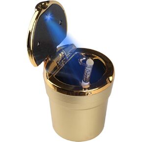 Car Ashtray with Lid, Portable Car Cigarette Ashtray With Blue LED Light Car Cup Holder (Gold)