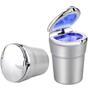 Car Ashtray,Weudozue Portable Detachable Stainless Auto Vehicle Cigarette Ashtray Ash with Blue LED Light Indicator Smokeless for Car Cup Holder,Home, Office (Silver)