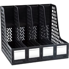 ZQS Magazine File Holder, Desk Organizer File Folder for Office Organization and Storage, Sturdy Plastic Binder Organizer, 4 Vertical Compartmente，Desktop Accessories for Home and Office Storage