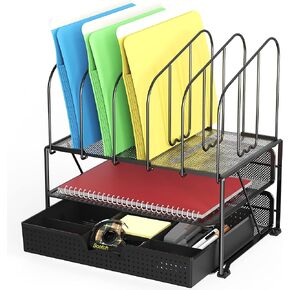 DecoBros Mesh Desk Organizer with Double Tray, 5 Upright Sections and Sliding Drawer, Black