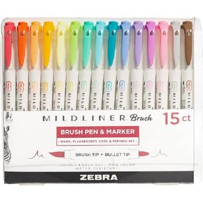Zebra Pen Mildliner Brush Marker, Double Ended Brush and Fine Tip Pen, Assorted Soft Colors, 10 Pack