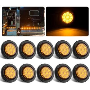 10Pcs 2 Inch Round LED Marker Lights Amber 9 LEDs w/Reflectors, 2 Inch Round Led Side Marker Clearance Lights Sealed 2 Round Truck Trailer Marker Lights w/Rubber Grommets and 2 Prong Wire Pigtails
