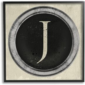 Stupell Industries Letter J Initial Vintage Shape Typewriter Key, Designed by Daphne Polselli Black Framed Wall Art, 17 x 30, Beige