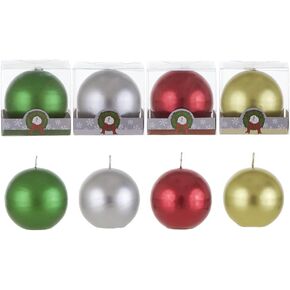 Mega Candles - Unscented 3" x 3" Metallic Christmas Xmas Round Ball Candle, Set of 4