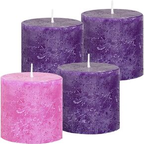 مجموعة شموع Advent من 4 - صُنعت في الولايات المتحدة الأمريكية - شموع عمود مجيء لا يوجد بها تنقيط - شموع ريفية أرجوانية ووردية غير معطرة لتزيين ديكور الكنيسة والمنزل - حاملات شموع على شكل حلقات أكاليل مجيء