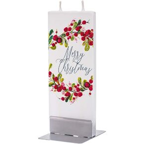 Christmas Candles Merry Christmas Wreath Design - Flat, Decorative, Hand Painted Candle Gifts for Women or Men - 6 inches