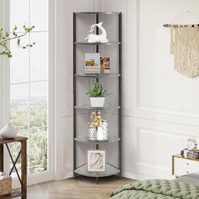 IRCPEN 6 Tier Corner Shelf, Industrial 63.1" Tall Ladder Corner Storage Shelf with Adjustable Feet,Rustic Display Rack Multipurpose Bookshelf Bookcase,Plant Stand for Living Room, Bedroom (Brown)